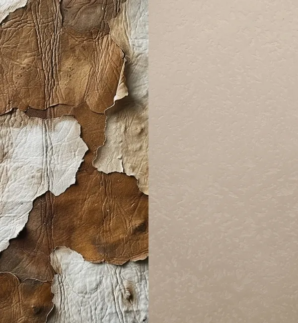 Cracked brown and white textured material peels away revealing a smooth beige surface.