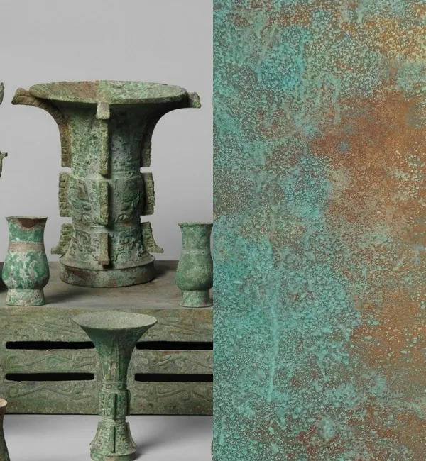 Ancient Chinese bronze vessels display intricate patterns and a weathered green patina.