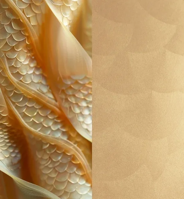 Golden fabric with a scaled texture and flowing ribbons against a textured gold background.