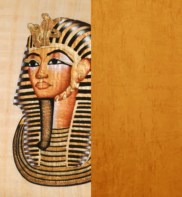 A painted Egyptian pharaoh's headdress with cobras adorns a textured parchment background.