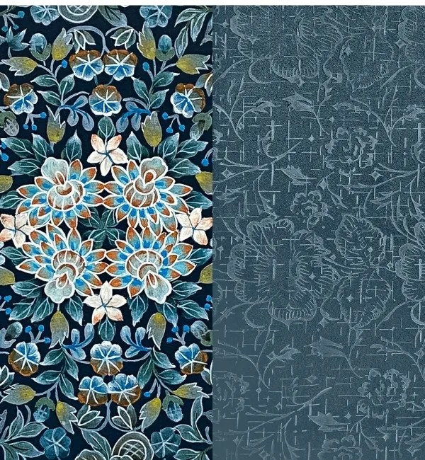 A dark blue background features a vibrant floral pattern with blue, white, and orange blossoms and green leaves.