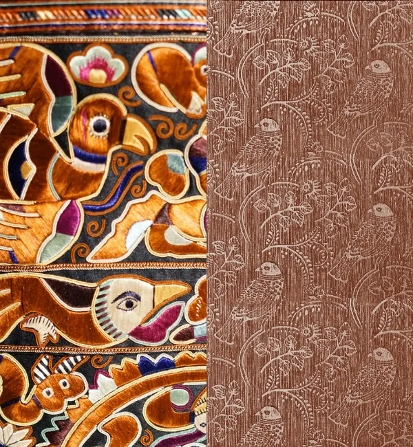 Intricate embroidered birds and floral patterns in warm tones evoke a spring theme.