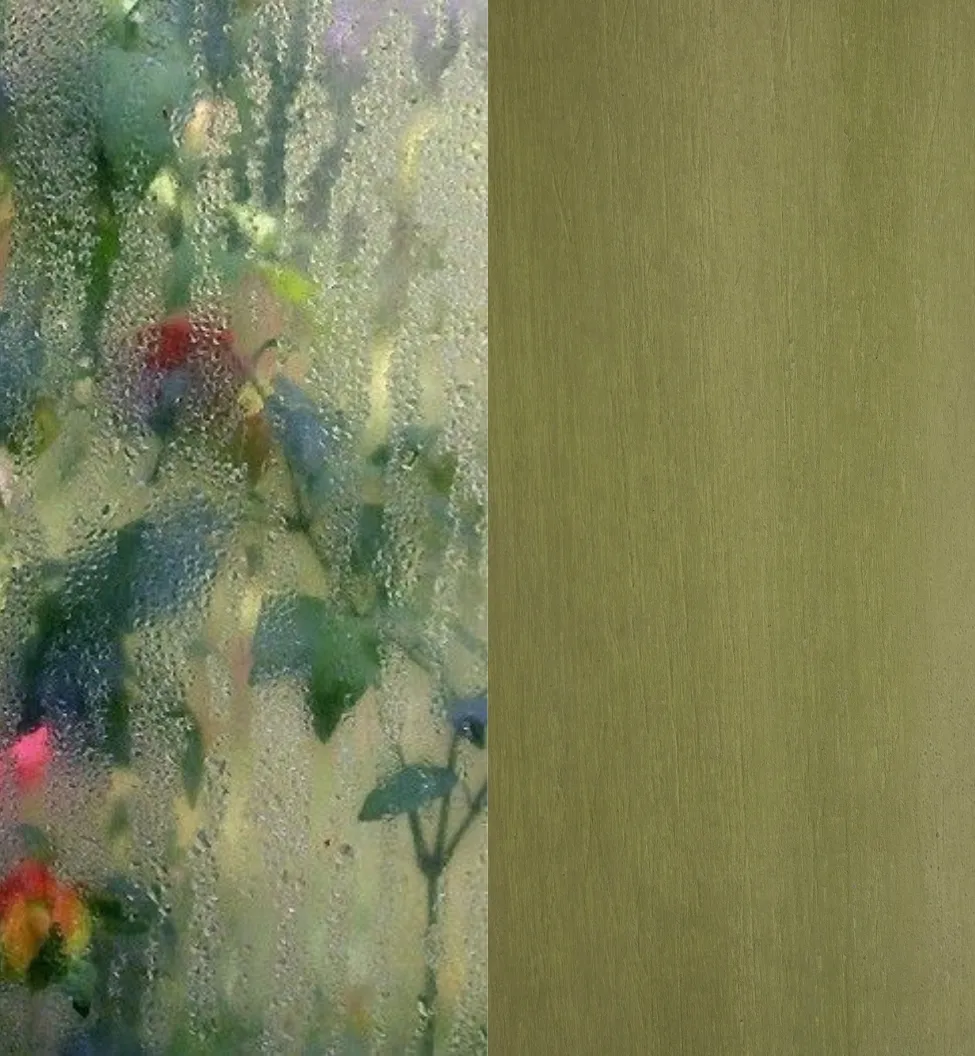 Dew drops on a steamy window reveal colorful flowers and green leaves against a textured olive background.