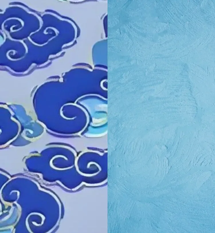 Stylized blue auspicious clouds are depicted against a textured light blue background.