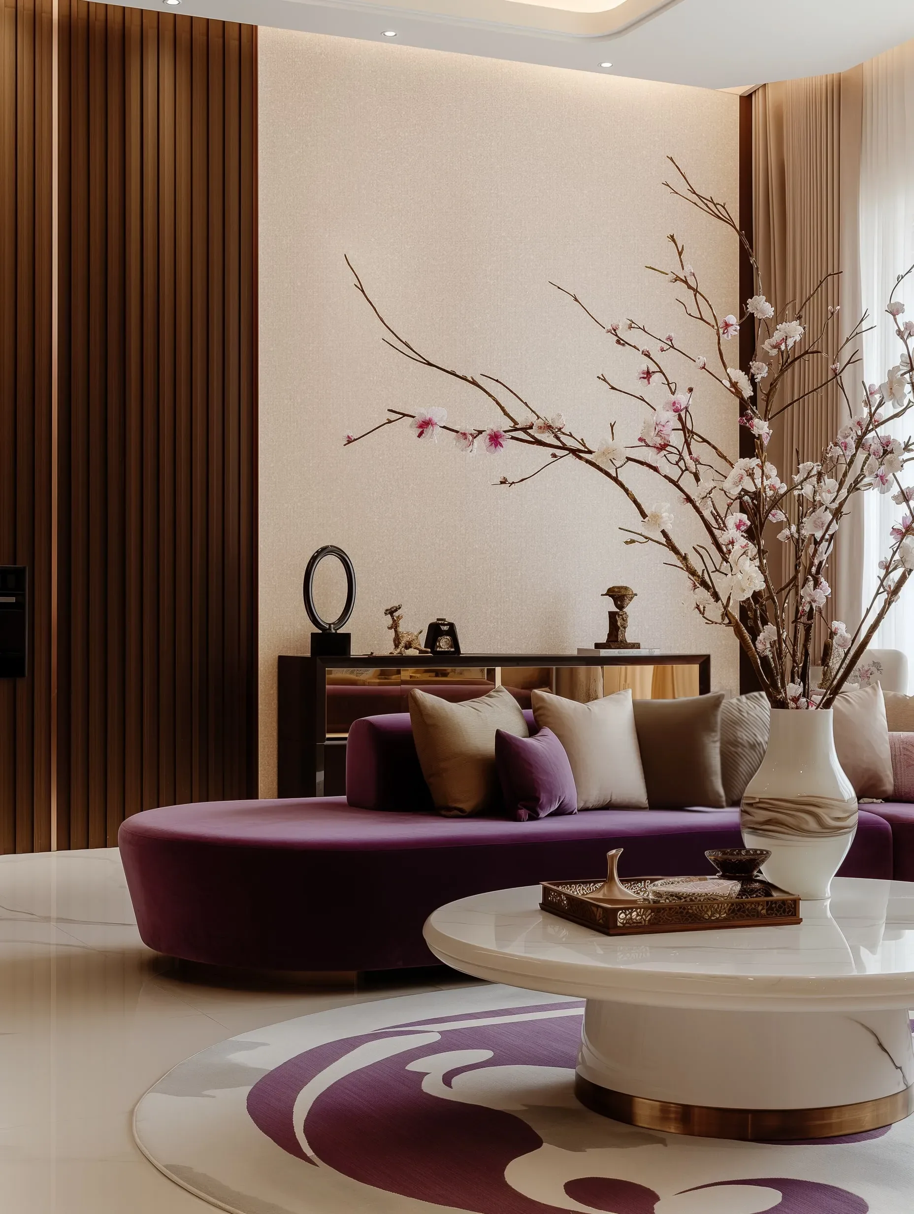 A plush purple sofa sits in a modern living room with a cherry blossom branch.