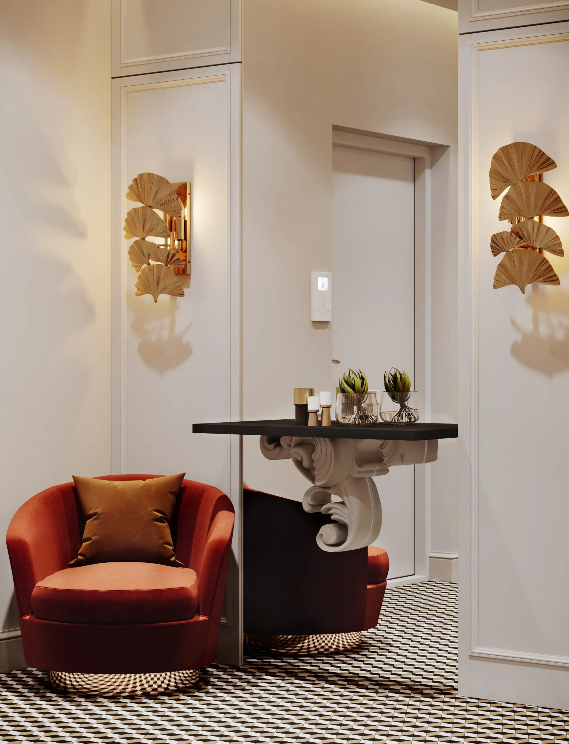 A plush red armchair sits beside a console table with decorative wall sconces in a modern hallway.