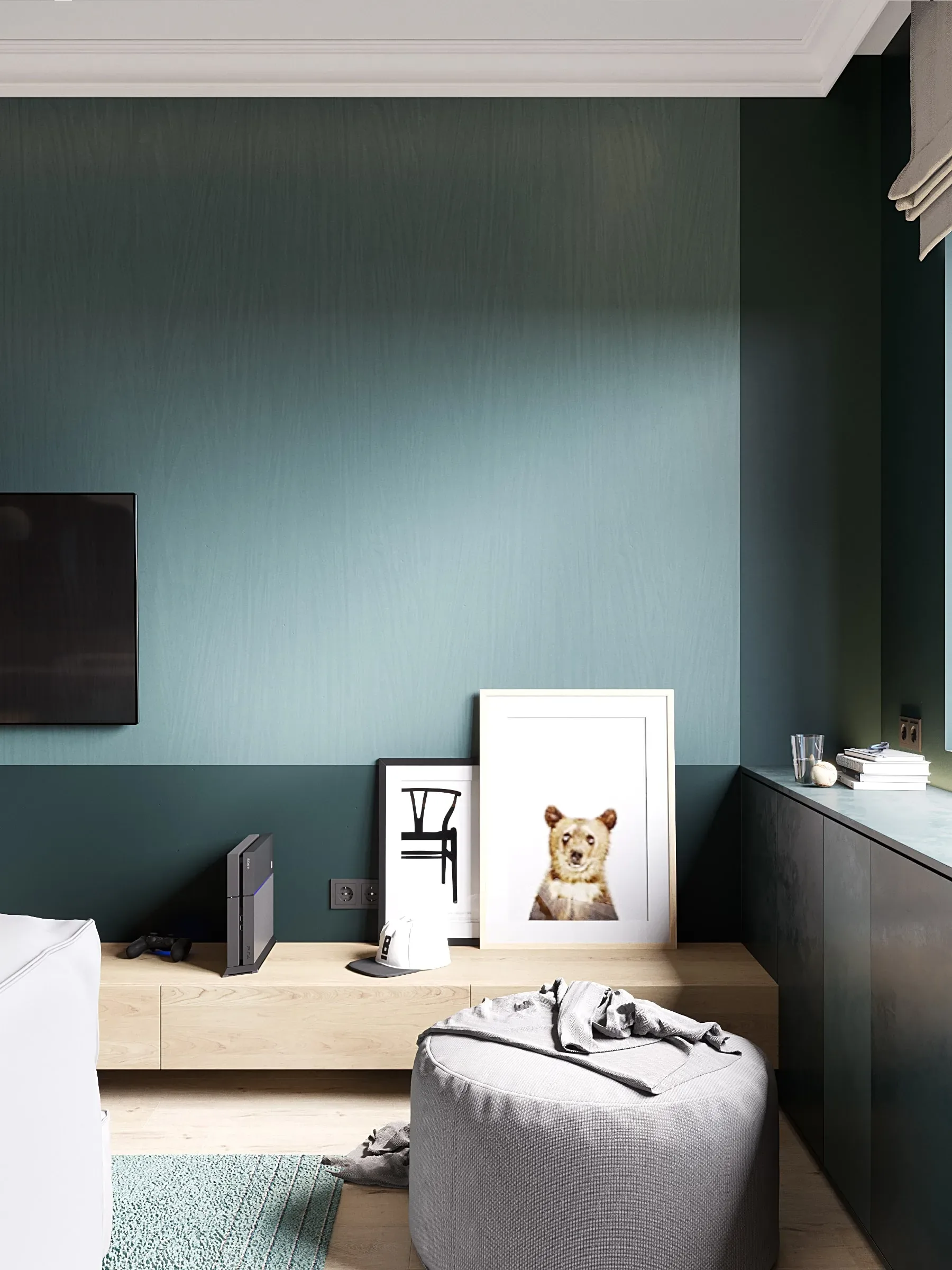 A modern living room features a wooden media console with gaming consoles and framed art.