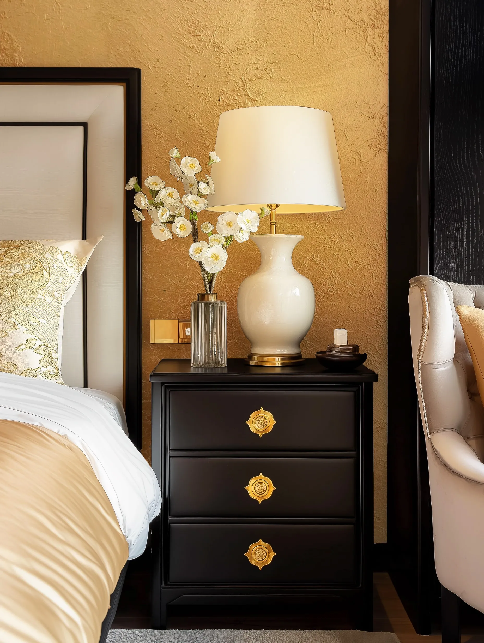A bedside table with a lamp and flowers sits next to a bed with golden bedding.