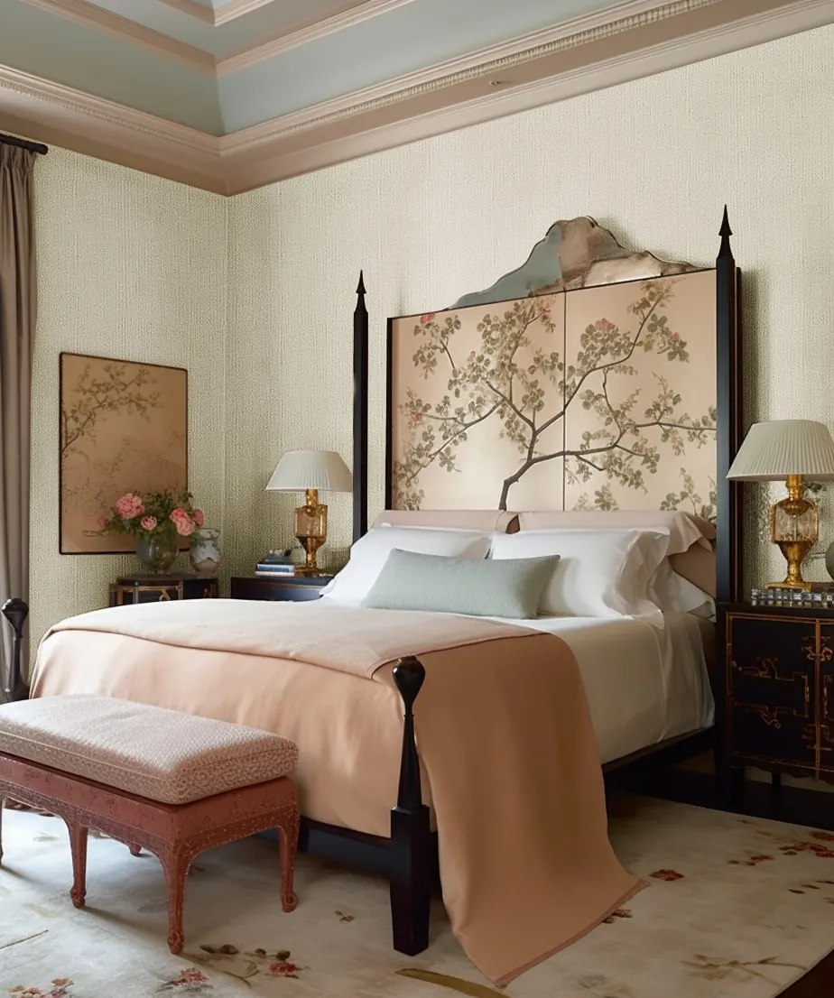 A luxurious bedroom features a bed with a large headboard adorned with a blooming tree motif.