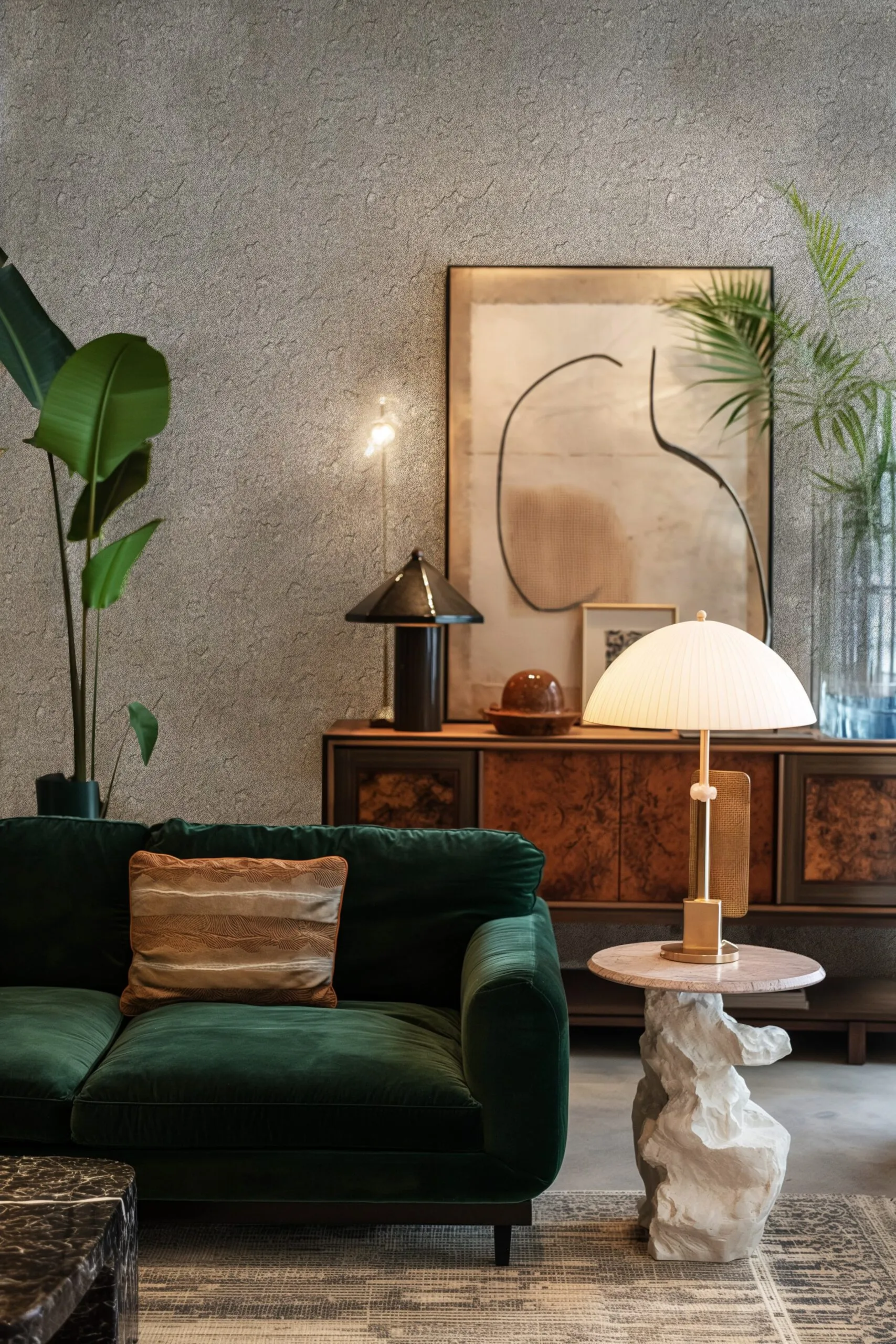 A plush green sofa sits beside a textured side table in a stylish living room with abstract art.