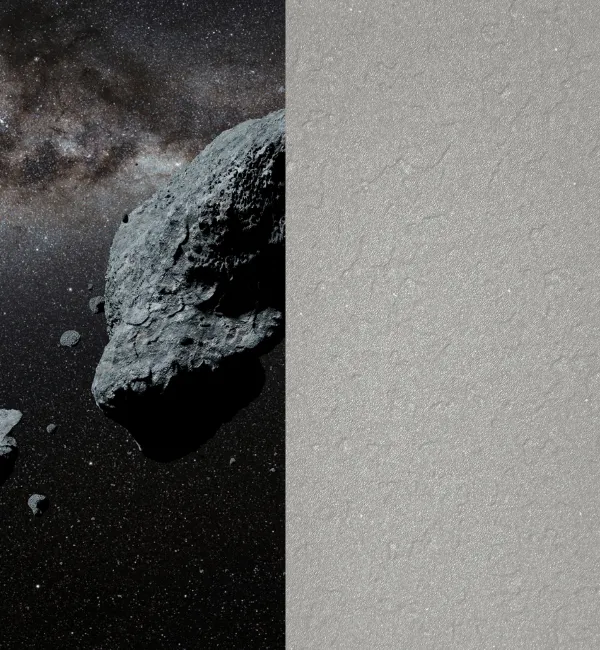 A rough asteroid floats against a starry sky and the Milky Way, juxtaposed with a textured grey surface.