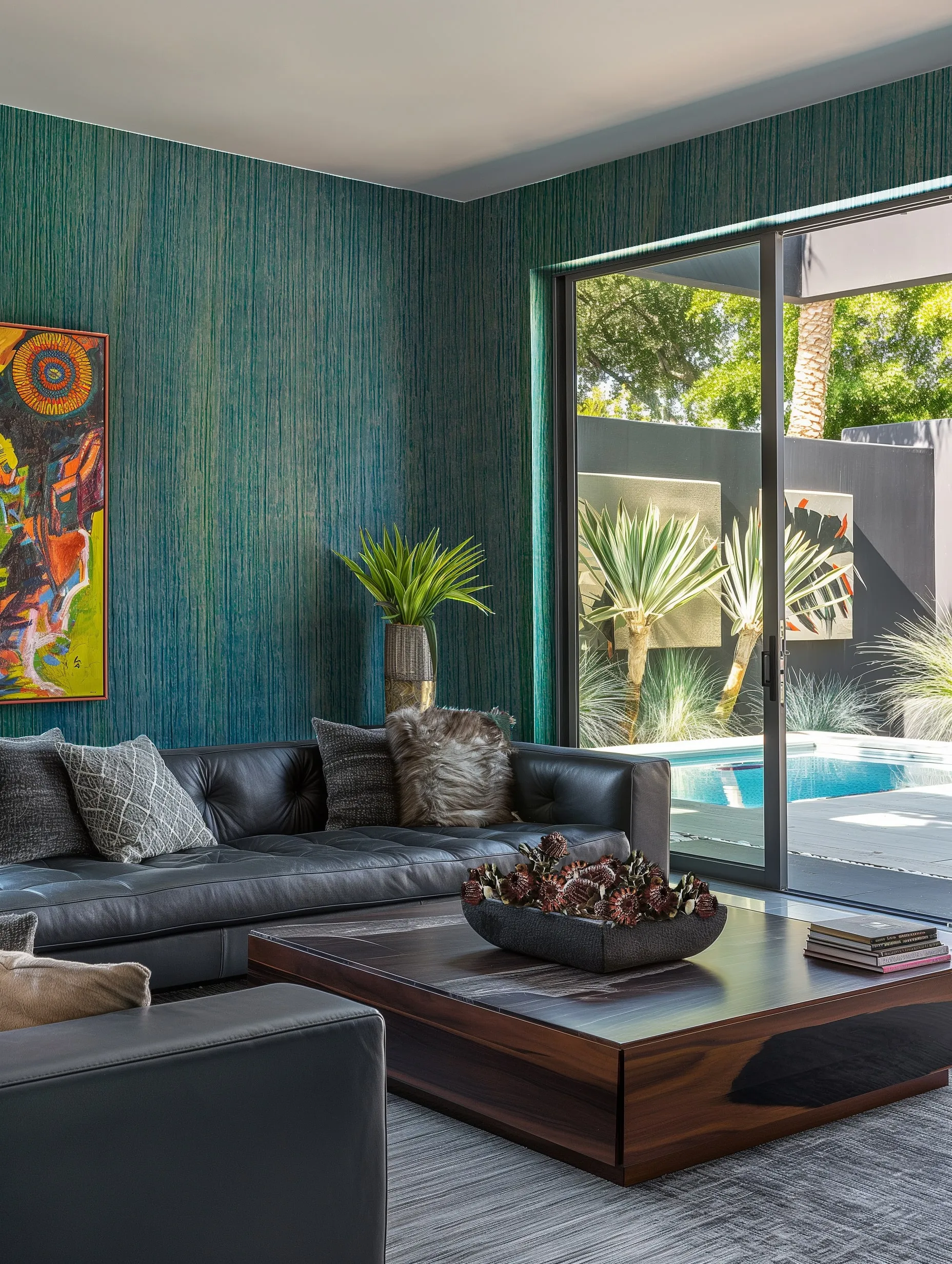 A dark leather sofa sits in a room with textured teal wallpaper and a large wooden coffee table.